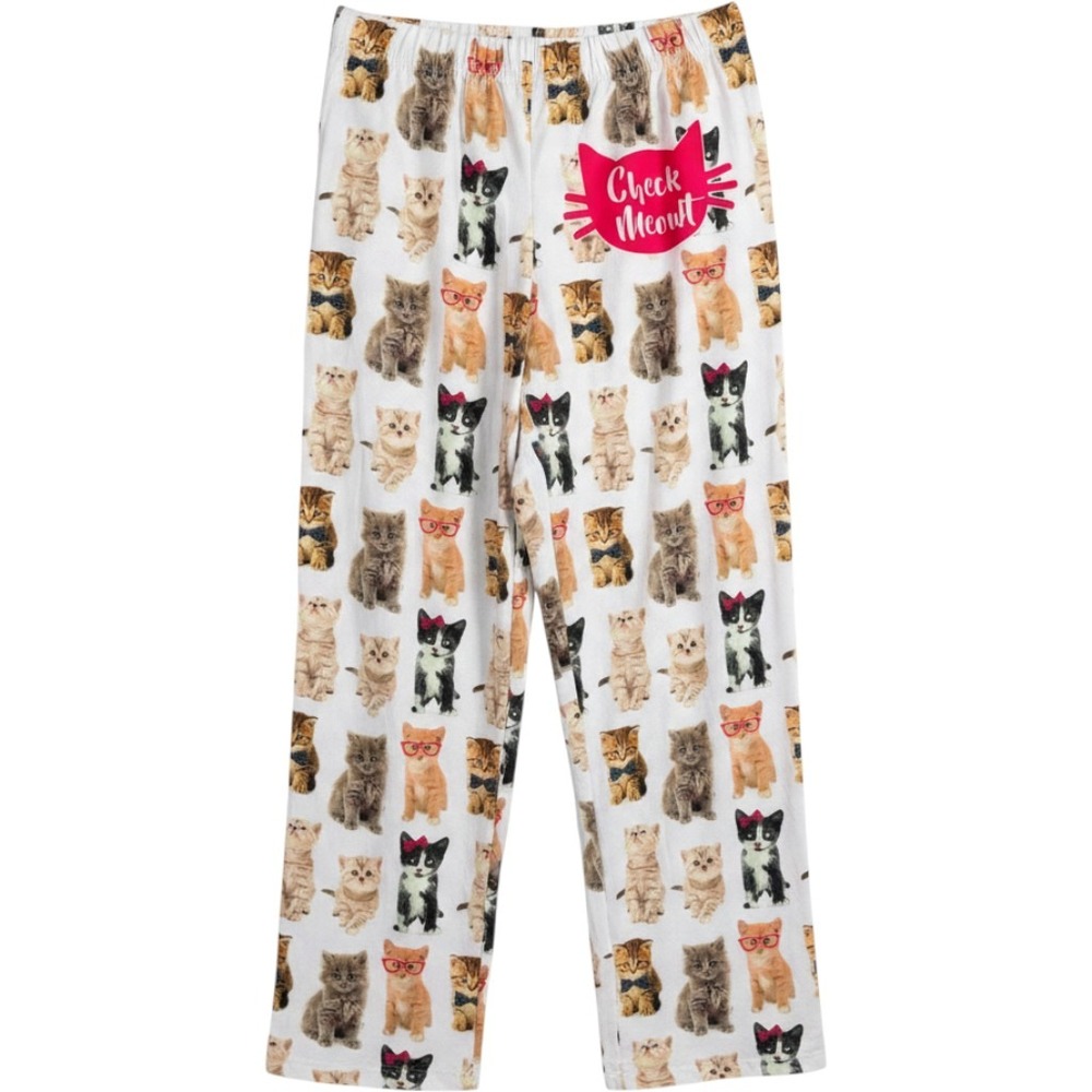 AOP Cat Print Check Meowt Kittens Print Pajama Pants White Large Cat Lounge Wear